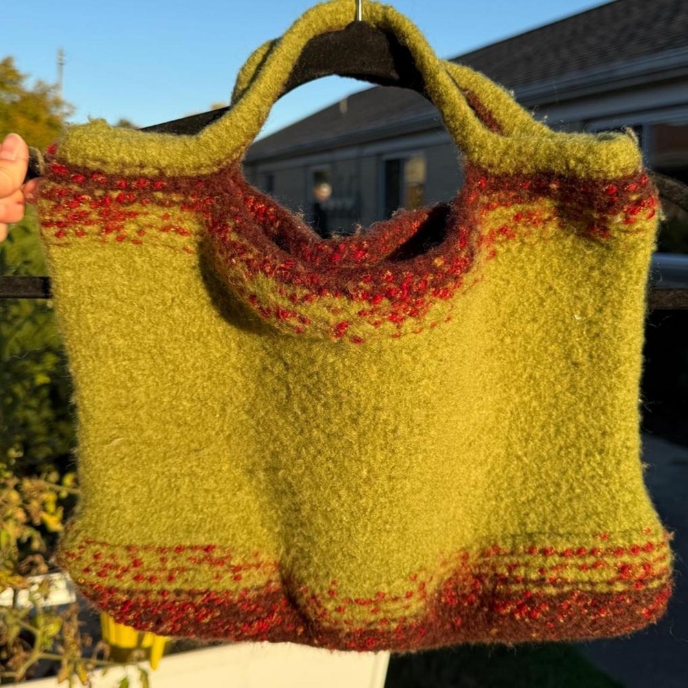 Olive Green Burgundy Felted Wool Handbag Boho Artsy Earthy Purse
